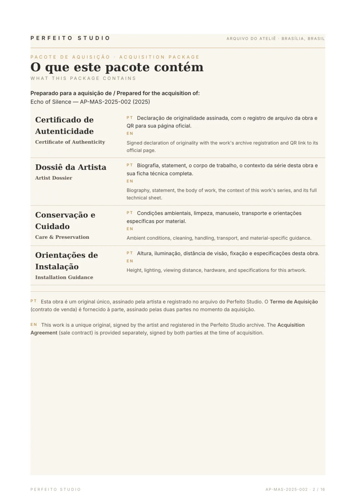 Página do pacote de aquisição de Echo of Silence (AP-MAS-2025-002), listando certificado de autenticidade, dossiê da artista com biografia e statement, conservação e orientações de instalação — Perfeito Studio