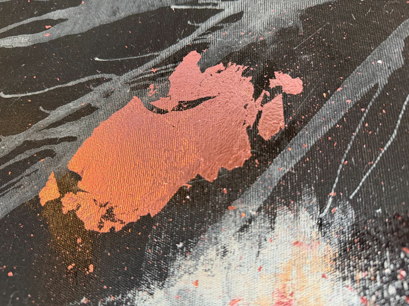 Detail of Genesis of Flame by Alyne Perfeito, showing layered red, silver, and copper pigment worked in high-gloss and matte finish, Heart of Chaos series