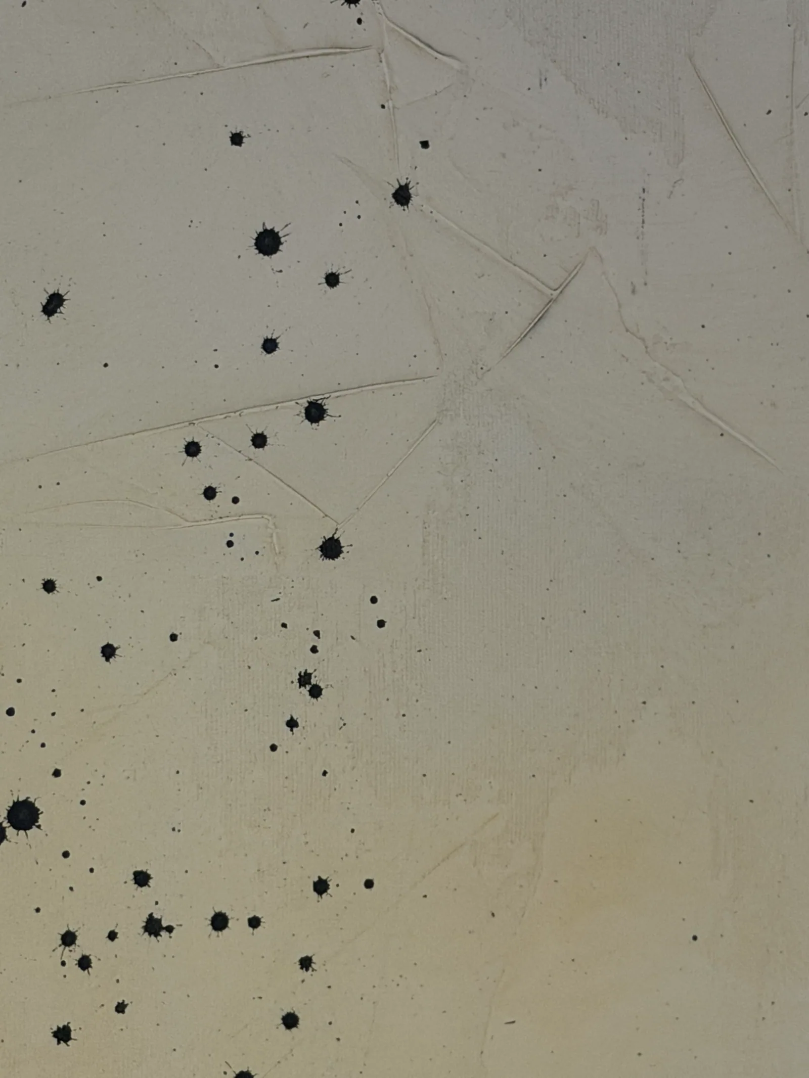 Surface detail of Silent Interval, mixed media with acrylic on canvas — Alyne Perfeito, Perfeito Studio: scored lines in the pale ground and black droplets