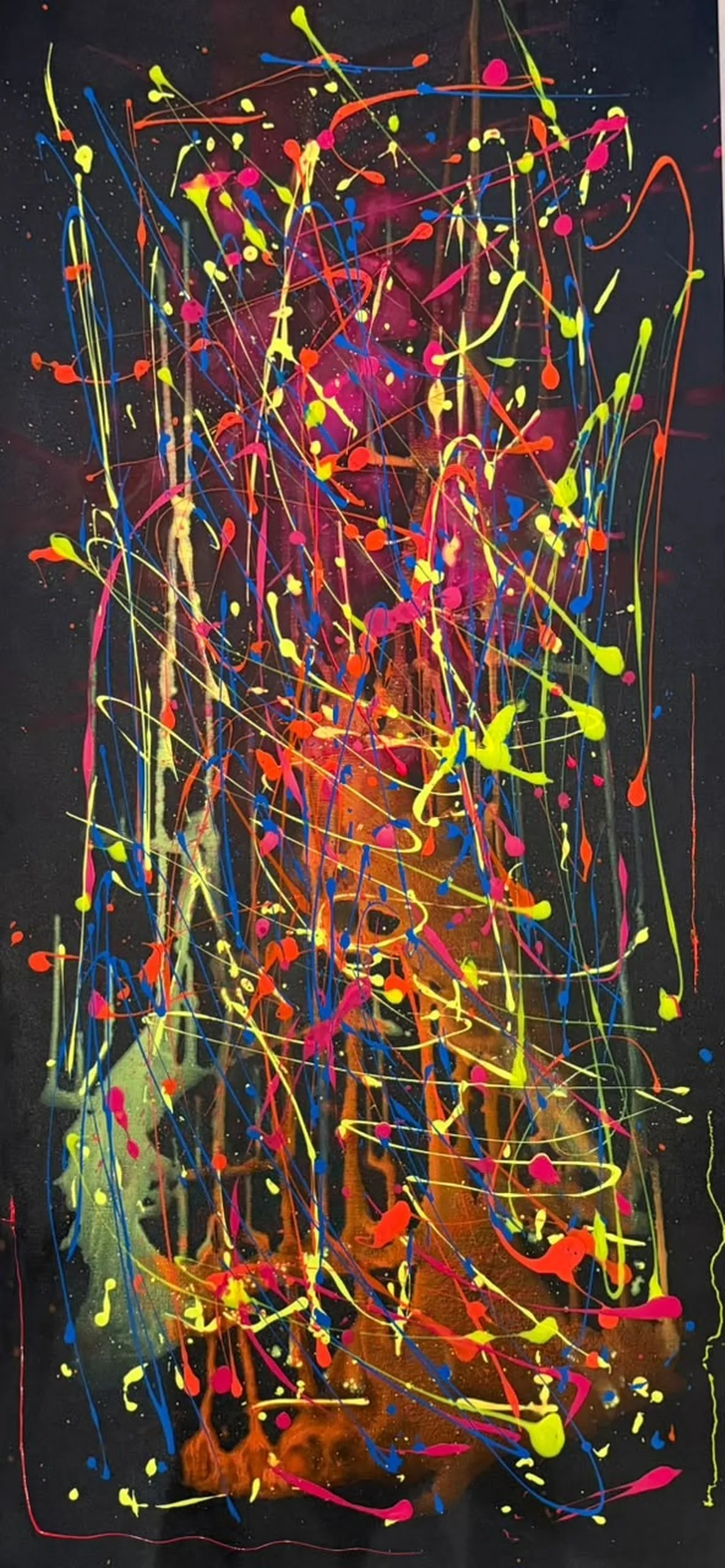 Electric Nocturne, original mixed-media artwork by Alyne Perfeito, 80 x 170 cm (31.5 x 66.9 in), Heart of Chaos series, 2026