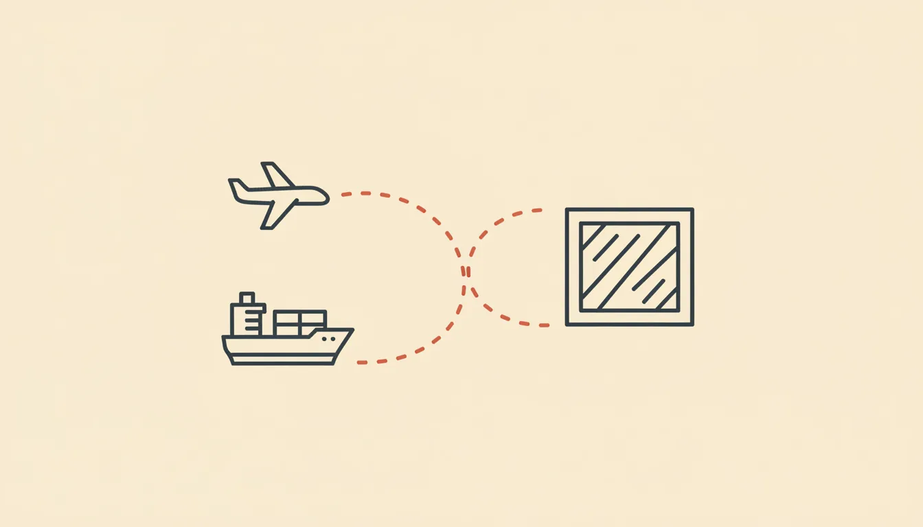 Schematic illustration: an airplane and a cargo ship, each with a dashed route leading to a wooden art crate