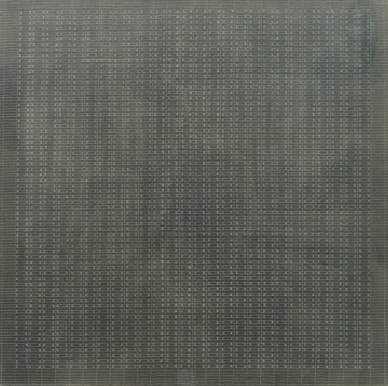 White Flower by Agnes Martin (1960), oil on canvas, a dark square canvas covered by a fine grid of white dashes — Solomon R. Guggenheim Museum, New York