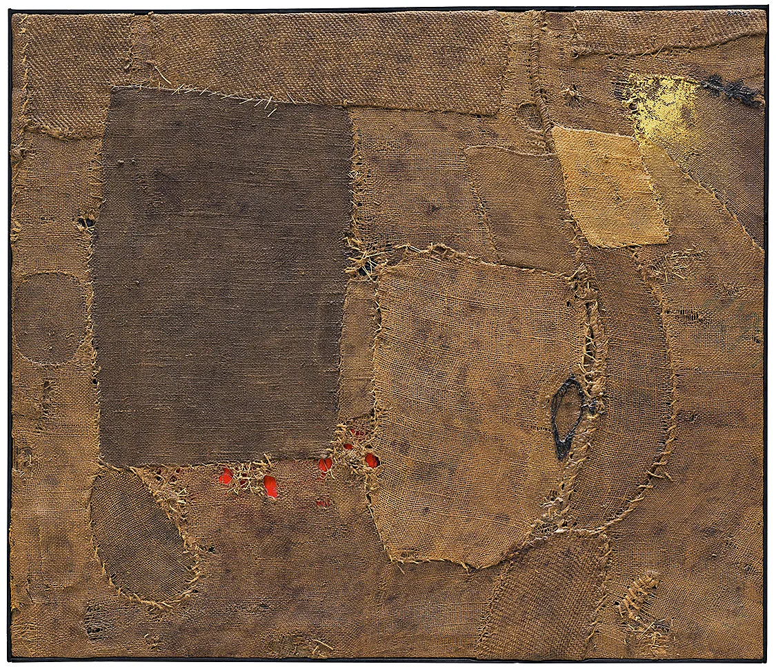 Composizione (Composition), 1953, by Alberto Burri: patched burlap sacking with stitched seams, a small area of gold leaf at upper right and red showing through torn openings below. Solomon R. Guggenheim Museum, New York