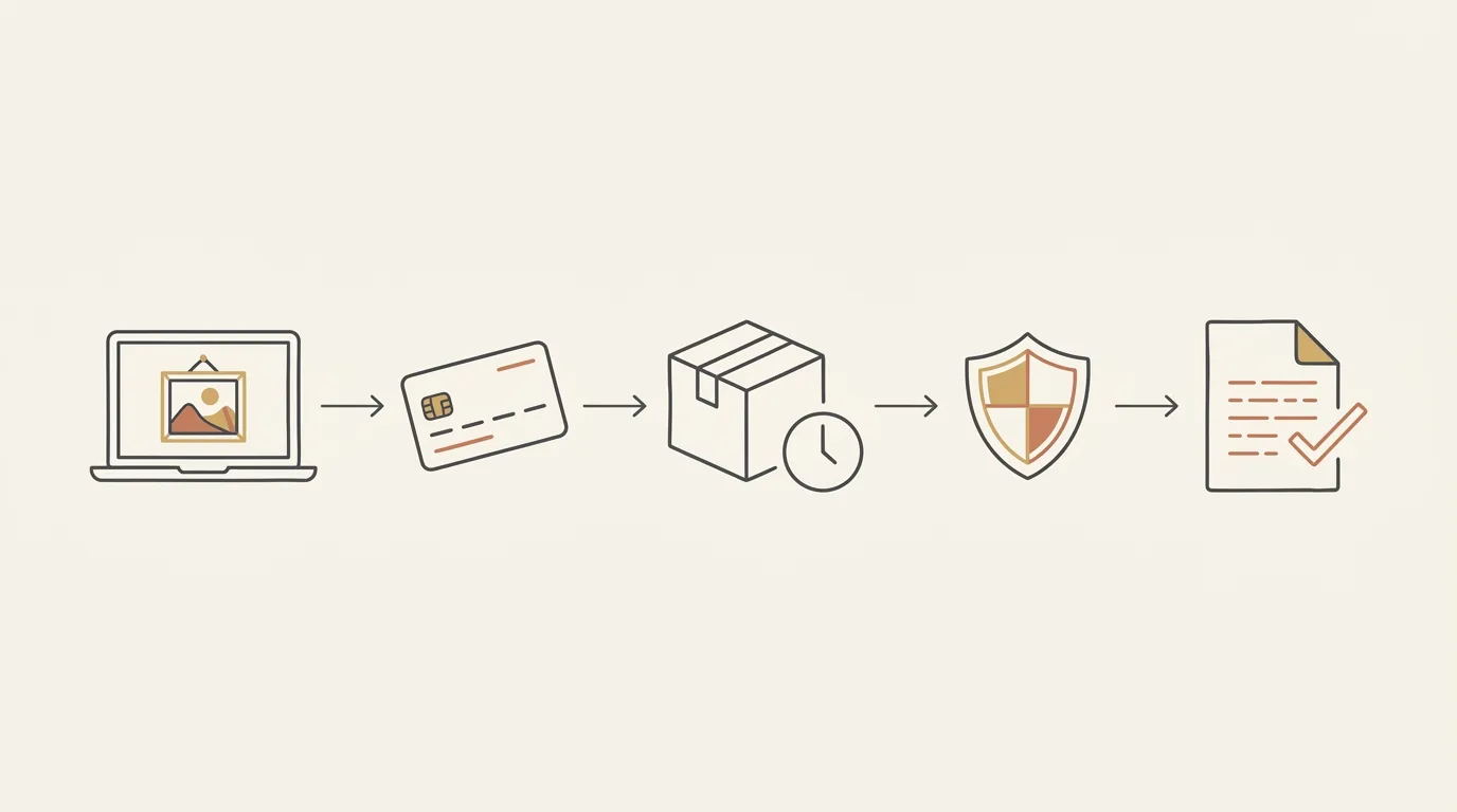 Schematic of a distance purchase: online order, card payment, shipment with a time limit, protection and documentation
