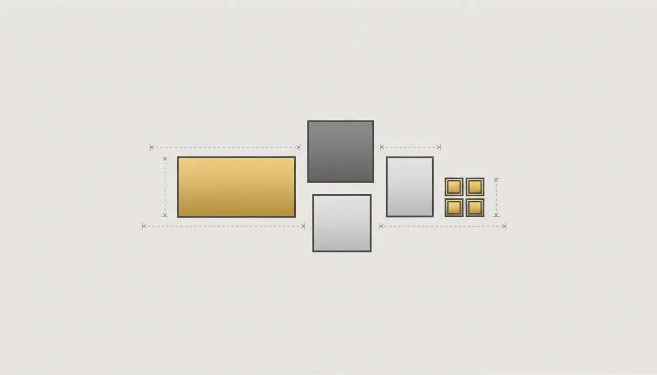 Diagrama esquemático de uma parede de galeria com quadros de tamanhos diferentes, alinhados por uma linha de referência comum e com espaçamento constante entre as peças
