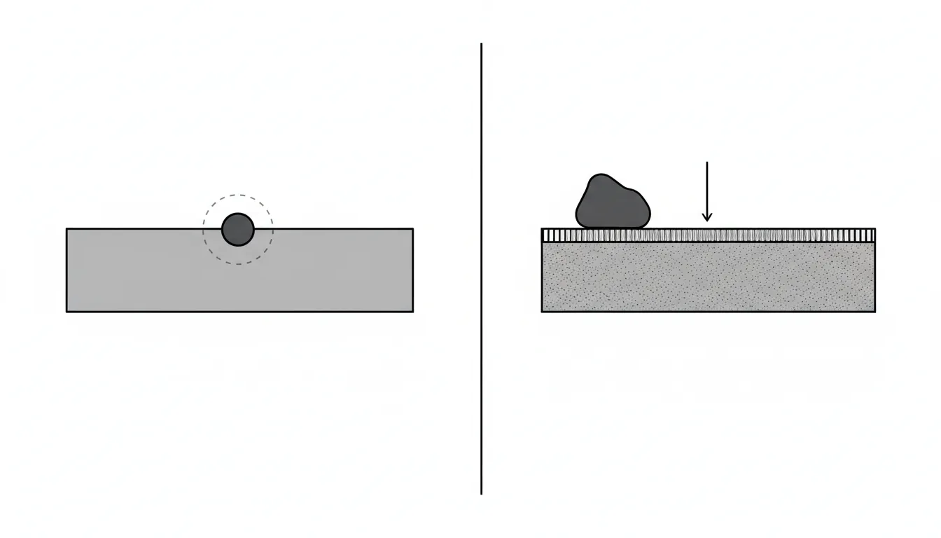 Diagrama esquemático comparando uma partícula de pigmento, insolúvel e presa sobre a superfície por um aglutinante, com uma molécula de corante, solúvel e absorvida dentro da fibra do material