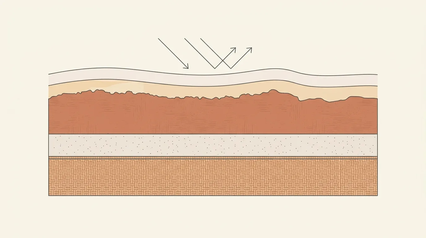 Schematic cross-section of a painting surface showing stacked layers: canvas, ground, paint, a clear isolating layer and a clear varnish layer on top