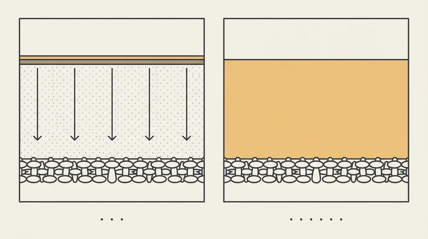Schematic cross-section comparing a thick acrylic paint layer that is dry only at the surface with one that has cured through its whole thickness