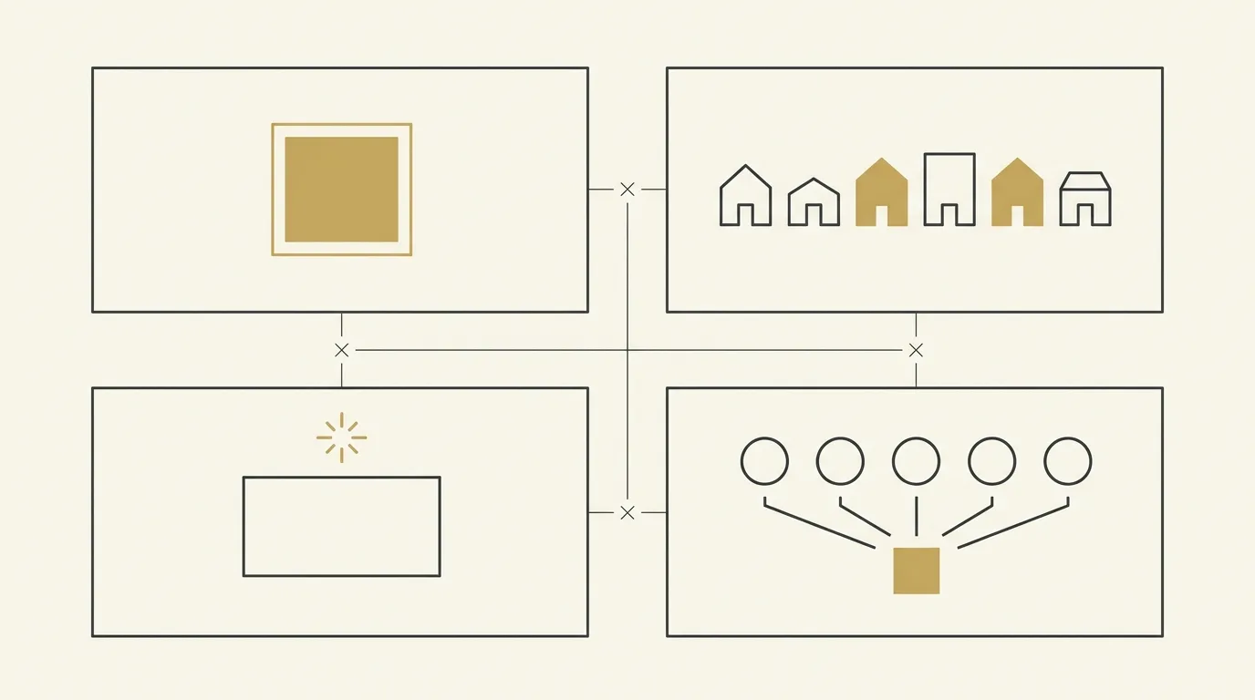 Schematic diagram of four emerging art fair formats: a sector inside a flagship fair, a section for young galleries, a fair devoted to emerging art, and a fair of independent artists