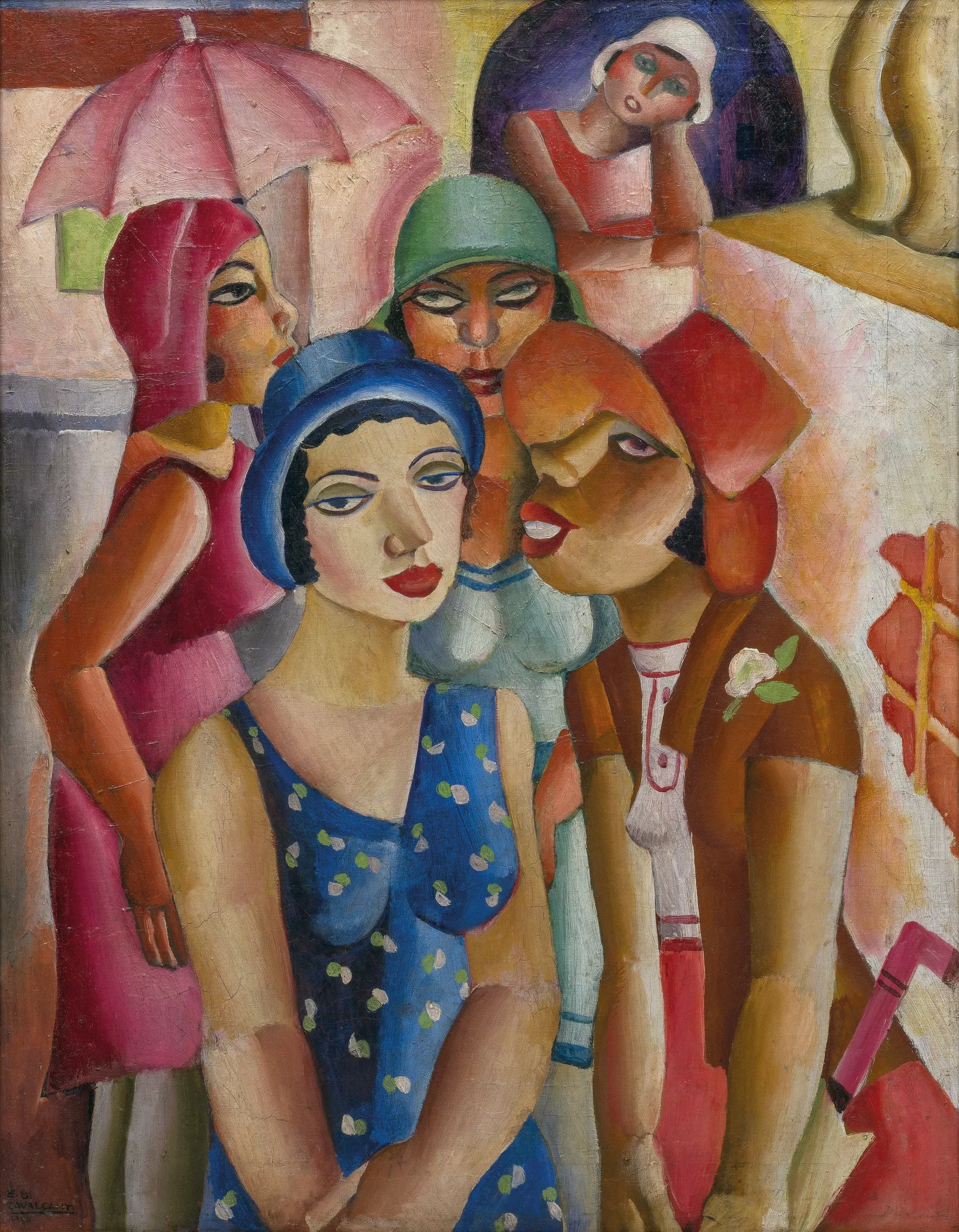 Cinco moças de Guaratinguetá (Five Young Women of Guaratinguetá), oil on canvas by Di Cavalcanti, 1930: five women in hats and bright dresses crowded together in a rose-toned, faceted composition - MASP collection