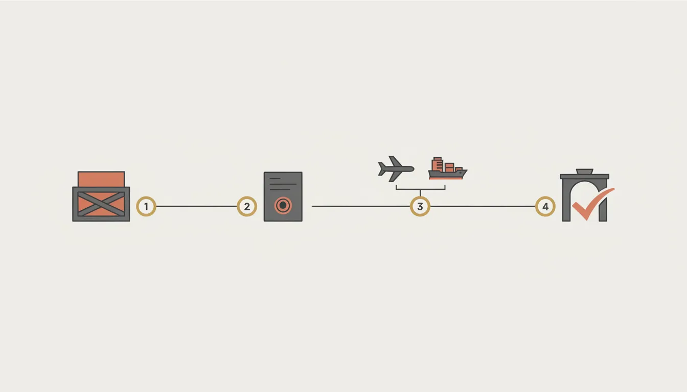 Schematic timeline diagram showing four stages of shipping a painting internationally: packing and preparation, export declaration in Brazil, transit, and customs clearance at destination