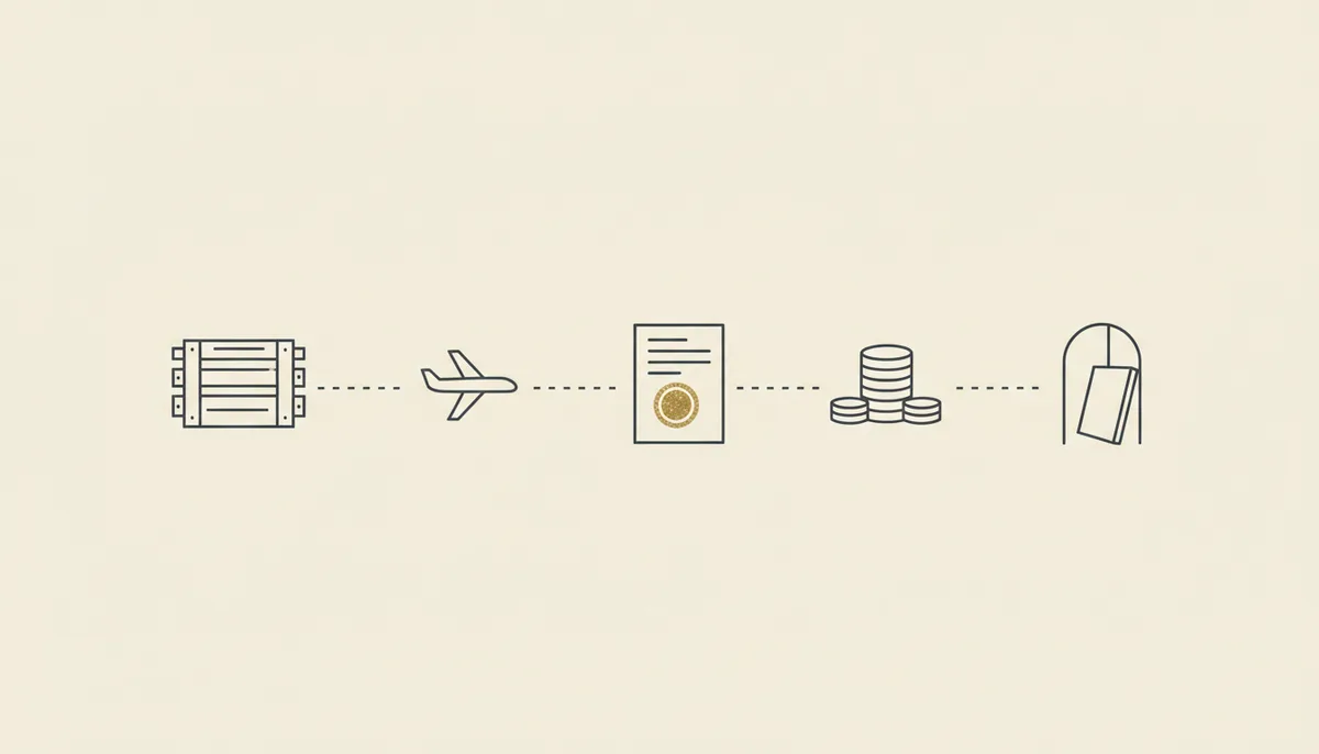Schematic route of a painting from Brasília to Israel in five steps: export from Brazil, transport, customs declaration, import taxes, delivery