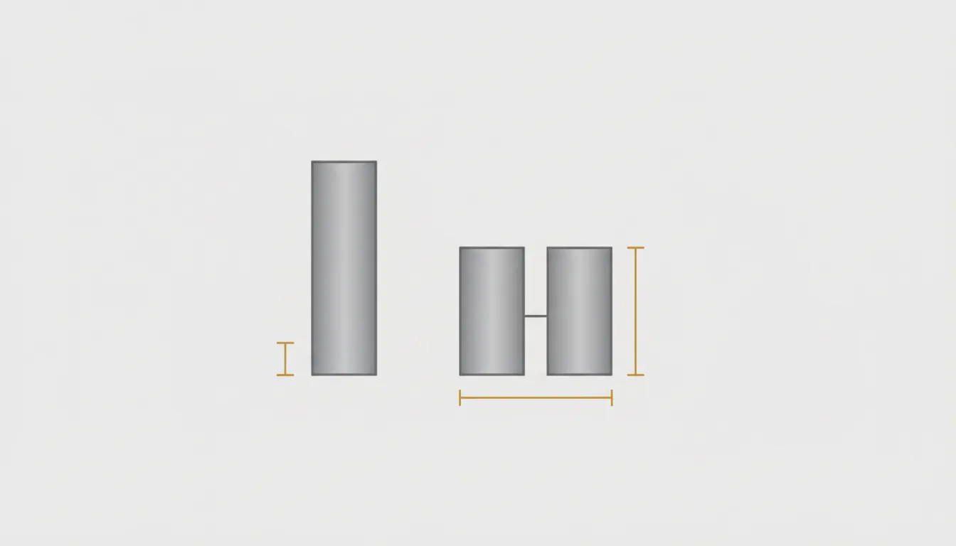 Diagrama esquemático comparando uma peça única grande e uma composição de duas peças menores com a mesma área total — Perfeito Studio.