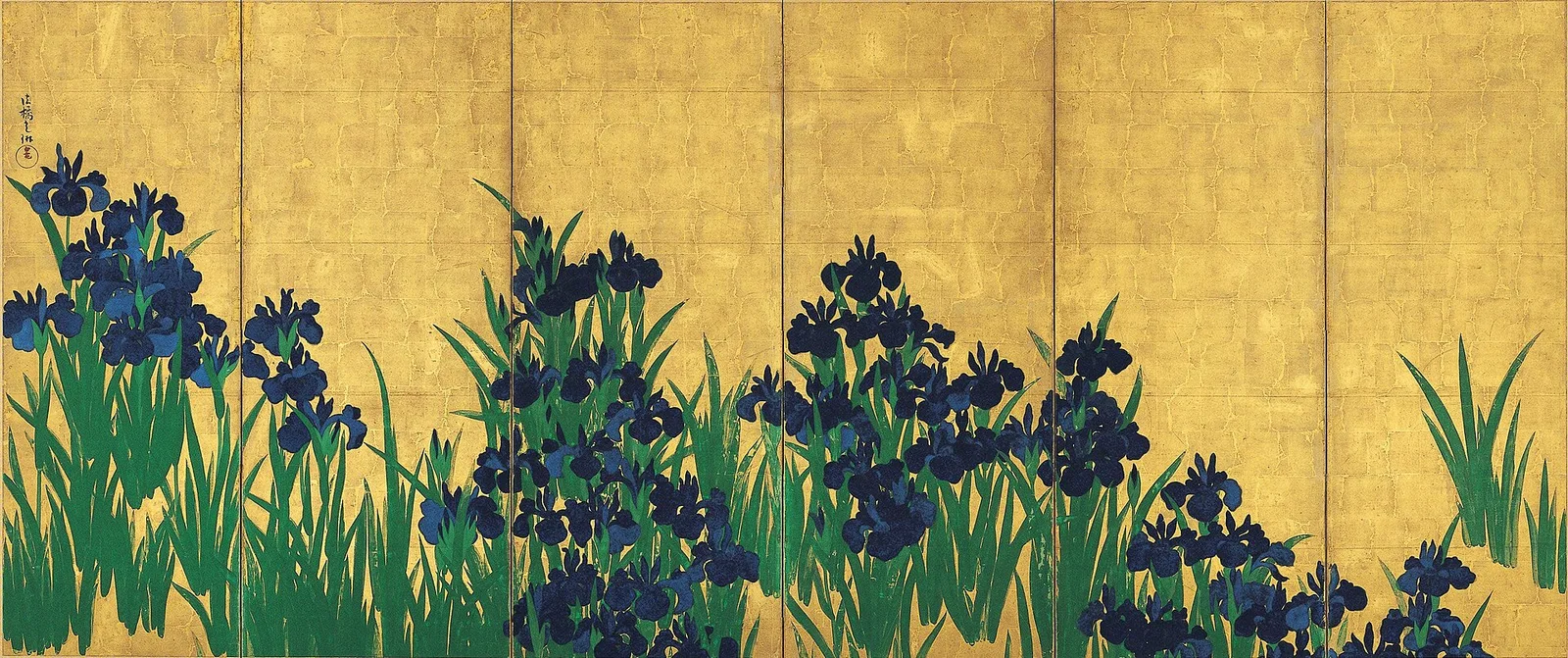 Kakitsubata-zu (Irises), biombo de seis painéis de Ogata Kōrin, cerca de 1701-1705 — tinta, cor e folha de ouro sobre papel, acervo do Nezu Museum, em Tóquio
