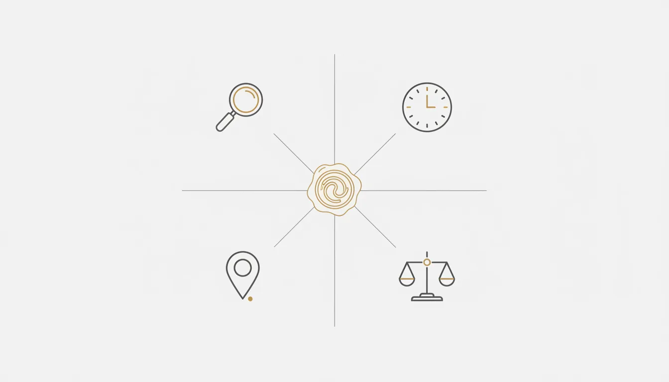 Diagrama esquemático dos componentes de custo de um laudo de avaliação de obra de arte: complexidade da obra, urgência, deslocamento do perito e tipo de perito — ilustração do Perfeito Studio