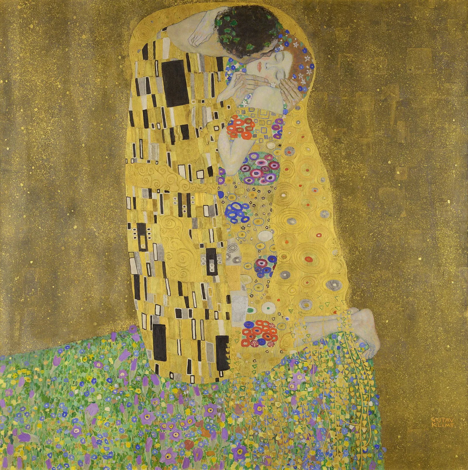 The Kiss (1907–1908), oil, gold leaf, silver and platinum on canvas by Gustav Klimt — Belvedere, Vienna (public domain)
