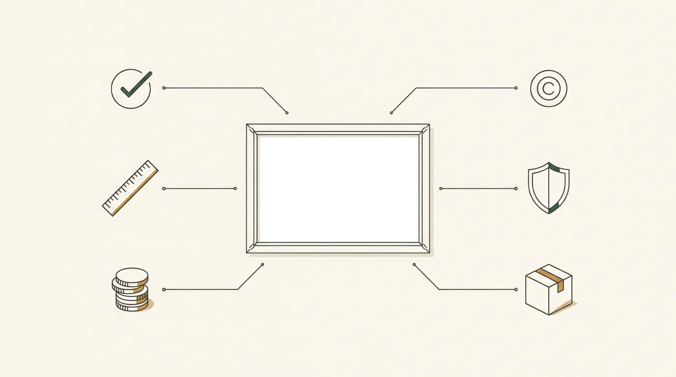 Schematic of six agreement items arranged around a central canvas: a ruler for scope, a checkmark for approval, stacked coins for payment, a copyright symbol, a box for delivery and a shield for risk and insurance.