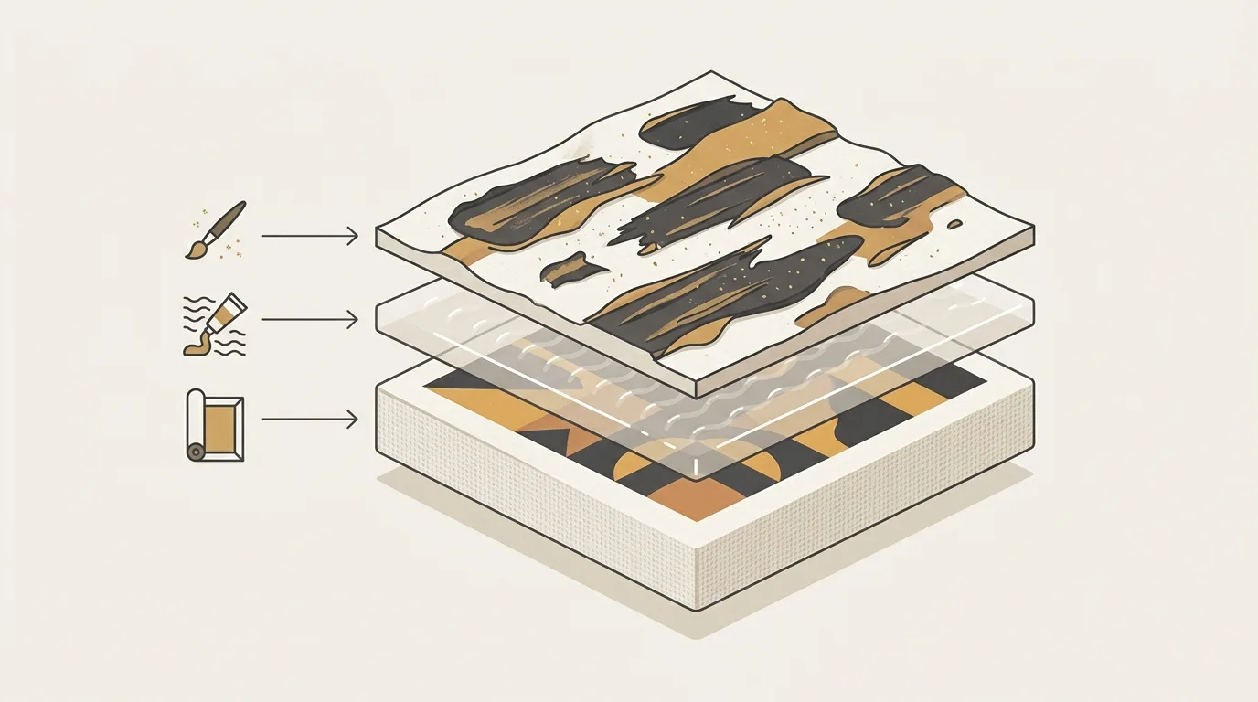 Schematic cross-section of a hand-embellished canvas showing three stacked layers: a printed image on canvas, a transparent gel layer, and hand-applied paint on top