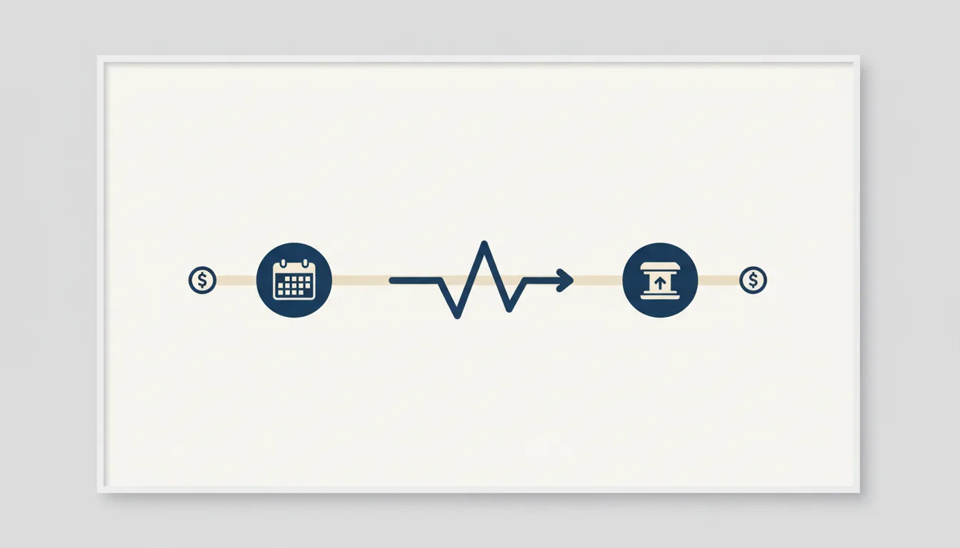Schematic timeline showing an art reservation date and a later payment date with a currency exchange rate arrow shifting between the two points