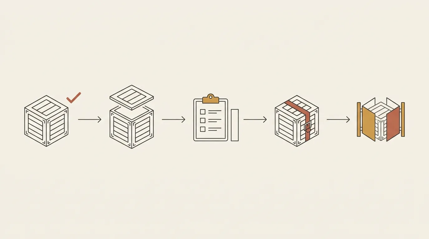 Schematic diagram of five stages of a customs examination of a crated painting: selection, opening, checking against the declaration, resealing and release, shown as simple icons joined by arrows