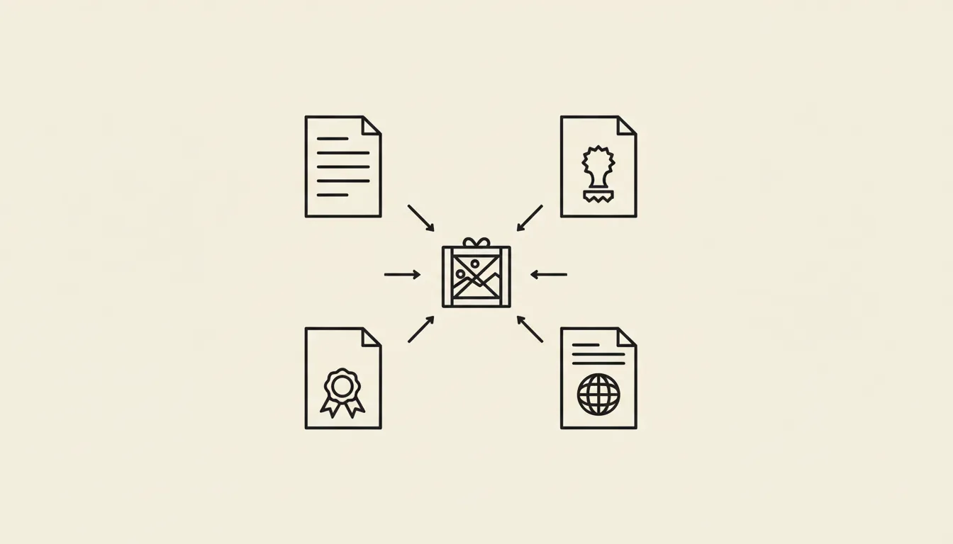 Schematic diagram of the four documents that travel with an internationally shipped painting: export permit, certificate of origin, certificate of authenticity, and commercial invoice