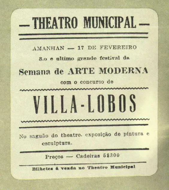 Printed handbill from 1922 announcing the third and last grand festival of the Semana de Arte Moderna at the Theatro Municipal, São Paulo, with Villa-Lobos and a painting and sculpture exhibition in the theatre lobby