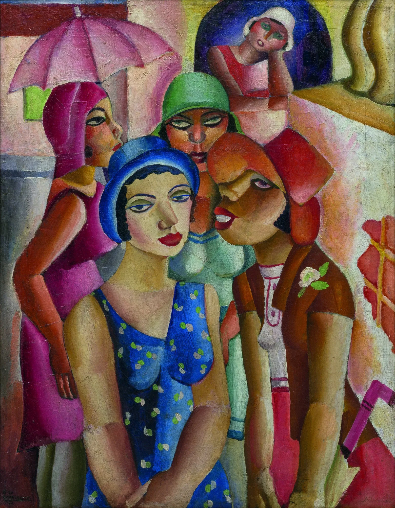 Five Girls from Guaratinguetá, oil on canvas by Di Cavalcanti, 1930 - five stylised young women in a tight composition, MASP collection