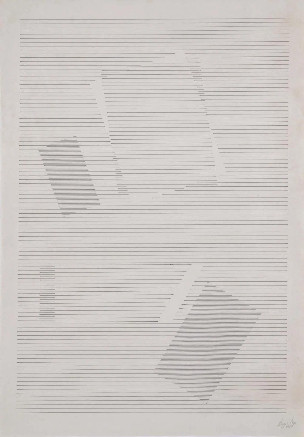 Sin título (Tecelar), 1957, by Lygia Pape: ink on Japanese paper, rows of fine horizontal black lines that break and shift to leave pale parallelogram shapes on a cream sheet - Museo Reina Sofía