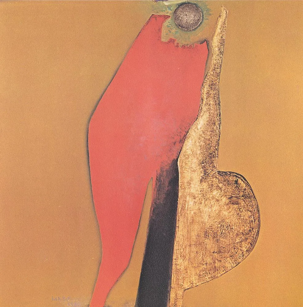Square abstract painting by Manabu Mabe, signed and dated 1980: a coral-red vertical shape beside a textured ochre-gold shape, separated by a dark vertical band, with a small dark round form at the top, on a flat mustard-orange ground