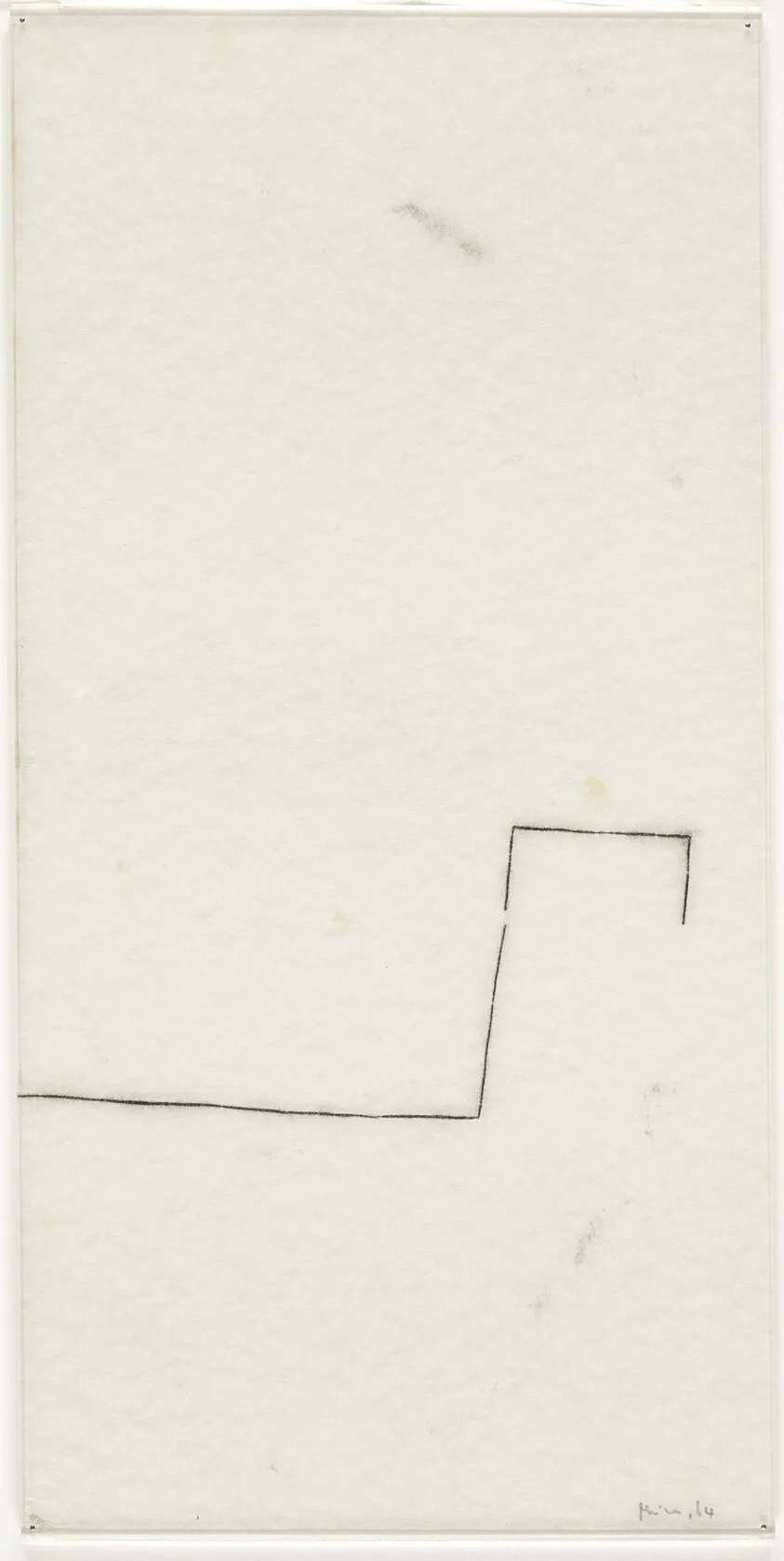 Untitled, 1964, monotype on Japanese paper by Mira Schendel: a single thin black line stepping across a pale translucent sheet - Art Institute of Chicago