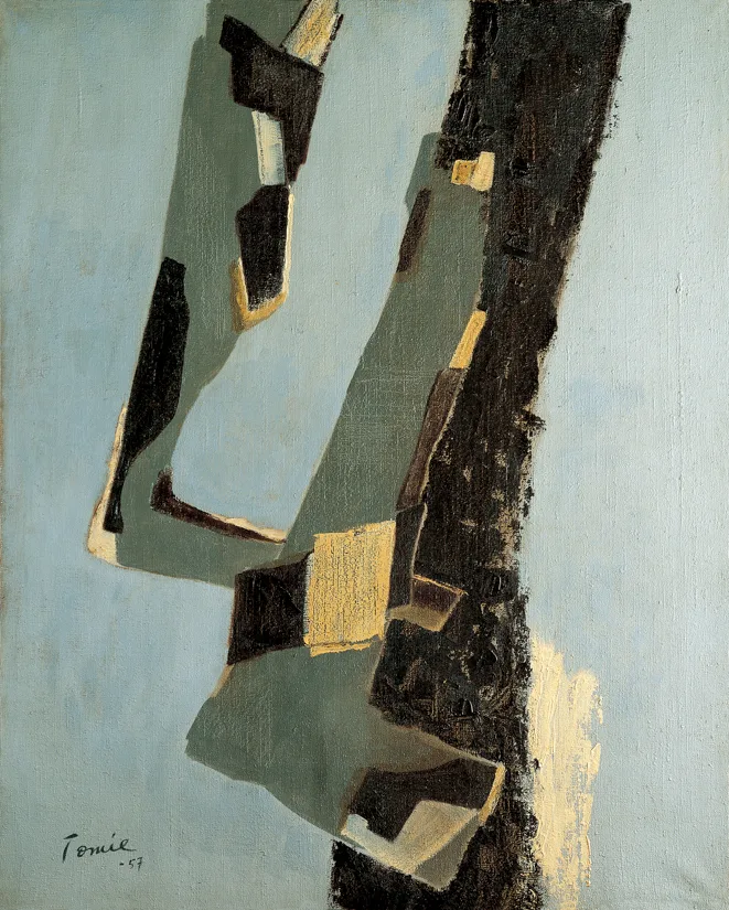 Abstract painting by Tomie Ohtake signed and dated 1957, with angular grey-green and black shapes edged in ochre on a pale blue-grey ground