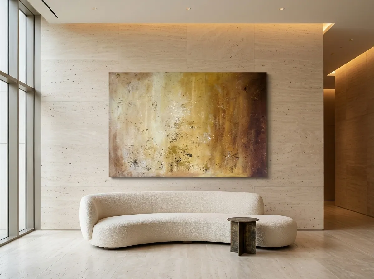 Amber Strata (150 × 100 cm), Mischtechnik mit Acryl auf Leinwand, querformatiges Ocker-Umbra-Feld an einer Travertinwand in einer Hotellobby, darunter ein geschwungenes Sofa aus hellem Bouclé und ein Beistelltisch aus Metall — Alyne Perfeito, Perfeito Studio