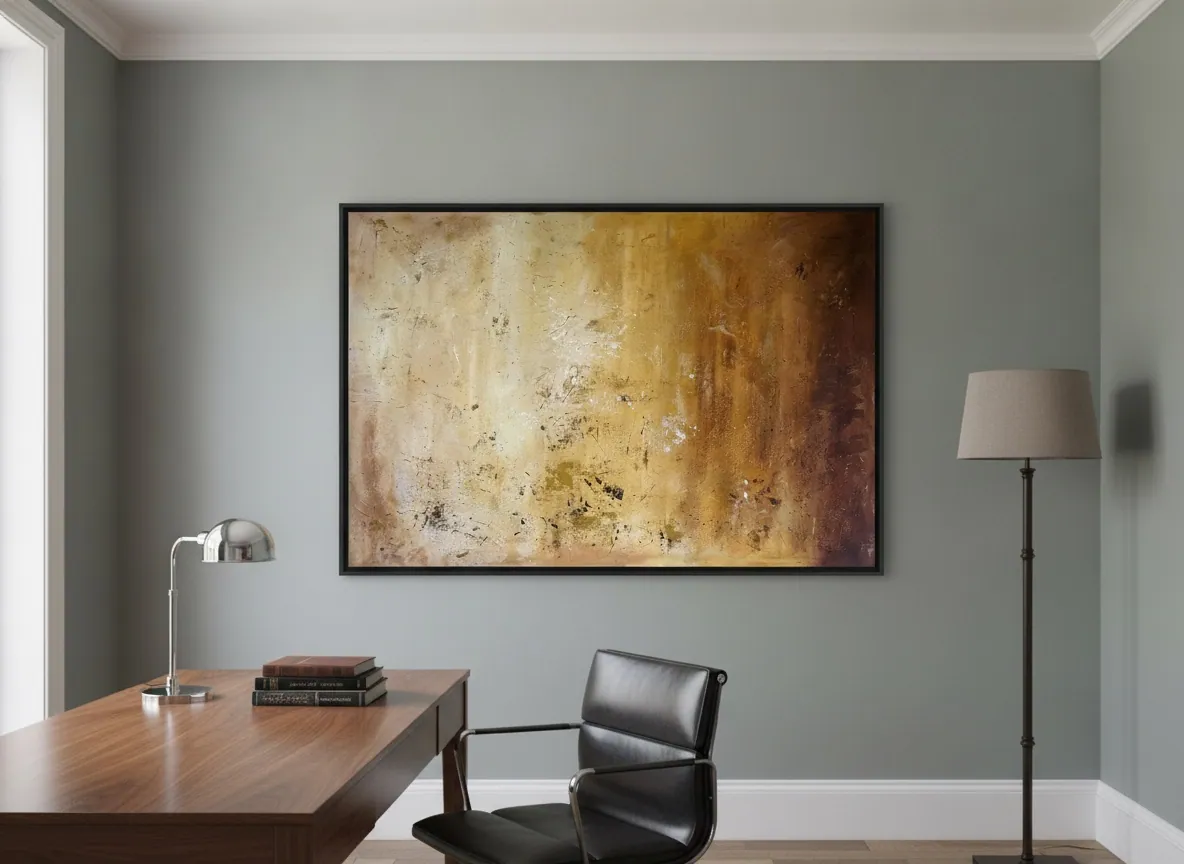 Amber Strata (150 x 100 cm), mixed media on canvas, photographed in natural daylight against a living room wall — Alyne Perfeito, Perfeito Studio