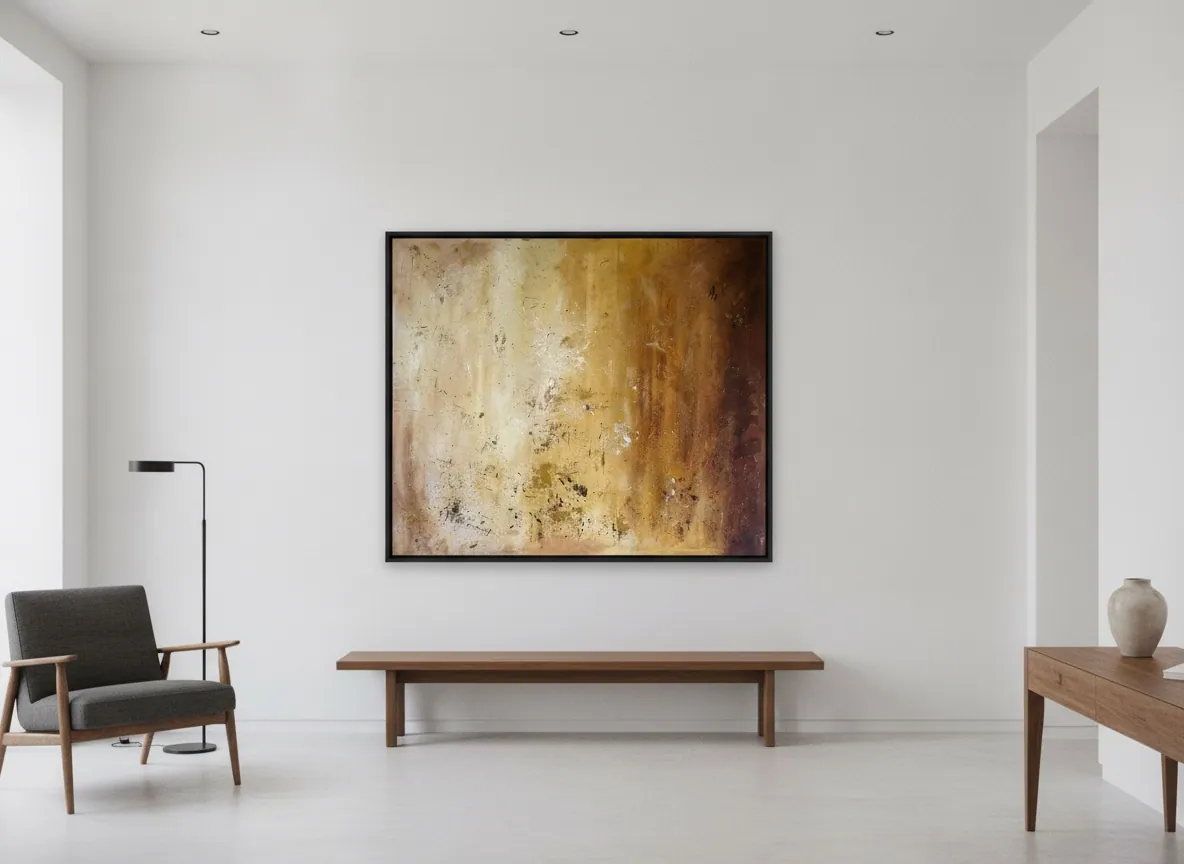 Amber Strata (150 x 100 cm), mixed media with acrylic on canvas, shown in an open, minimalist space — Alyne Perfeito, Perfeito Studio