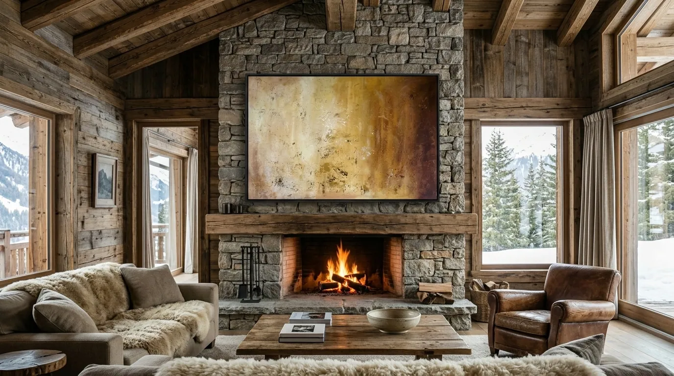 Amber Strata (150 × 100 cm), Mischtechnik mit Acryl auf Leinwand, querformatige Komposition in Ocker, Knochenweiß und Umbra mit dunklen Spuren, in Schwarz gerahmt über einem Kamin mit Natursteinwand und Holzbalken in einem Chalet — Alyne Perfeito, Perfeito Studio
