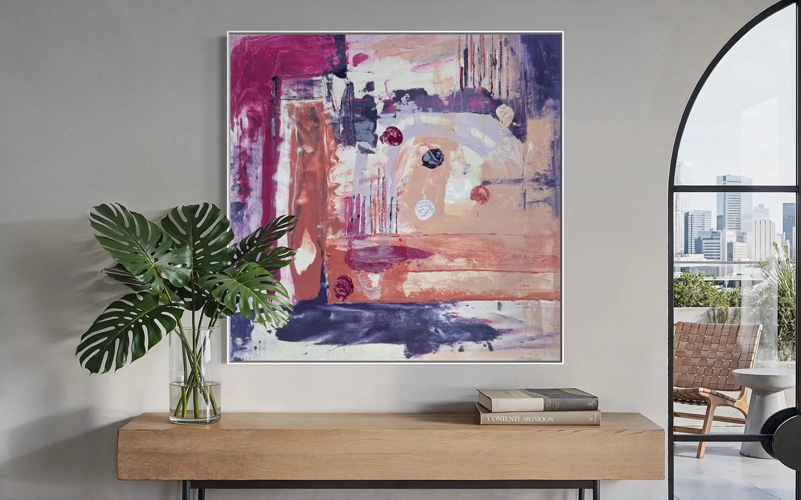 Amethyst Ground (100 x 100 cm), mixed media on canvas by Alyne Perfeito, shown in a room mockup above a wooden console — Perfeito Studio