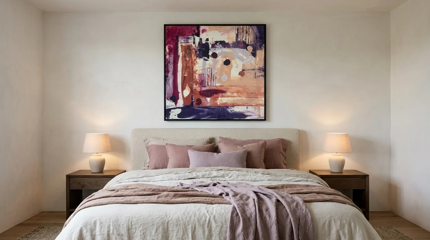 Amethyst Ground (100 x 100 cm), Mischtechnik mit Acryl auf Leinwand, quadratische Komposition in Terrakotta, Ocker, Violett und Tiefrot mit schwarzem Rahmen, über einem Bett mit rohem Leinen und altrosa Kissen vor heller Putzwand — Alyne Perfeito, Perfeito Studio
