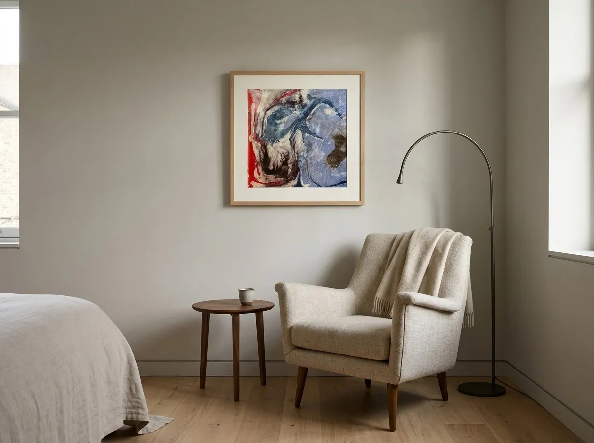 Blue Undertow by Alyne Perfeito shown in an interior setting — digital visualization, Water & Bloom series