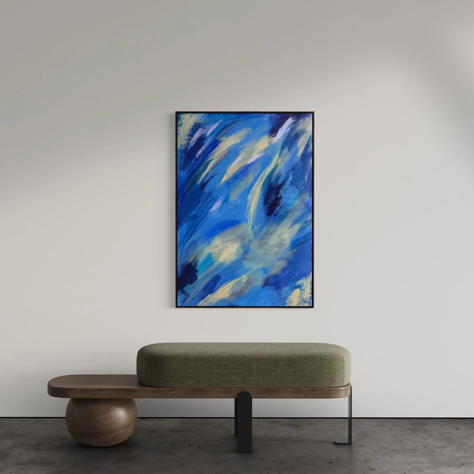Celestial Drift (70 x 100 cm), acrílica sobre tela, em quarto — Alyne Perfeito, Perfeito Studio