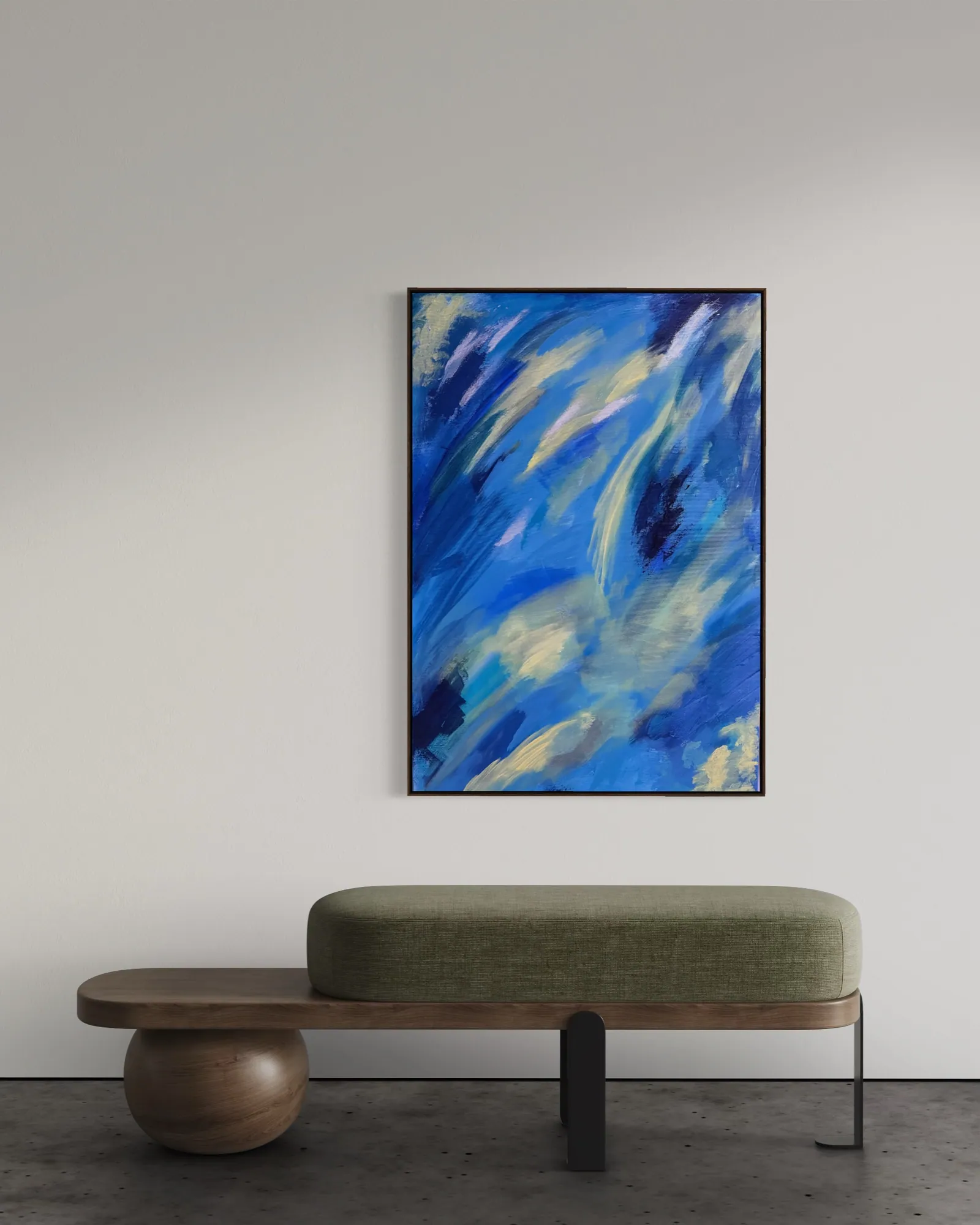 Celestial Drift (70 x 100 cm), acrílica sobre tela, em ambiente — Alyne Perfeito, Perfeito Studio