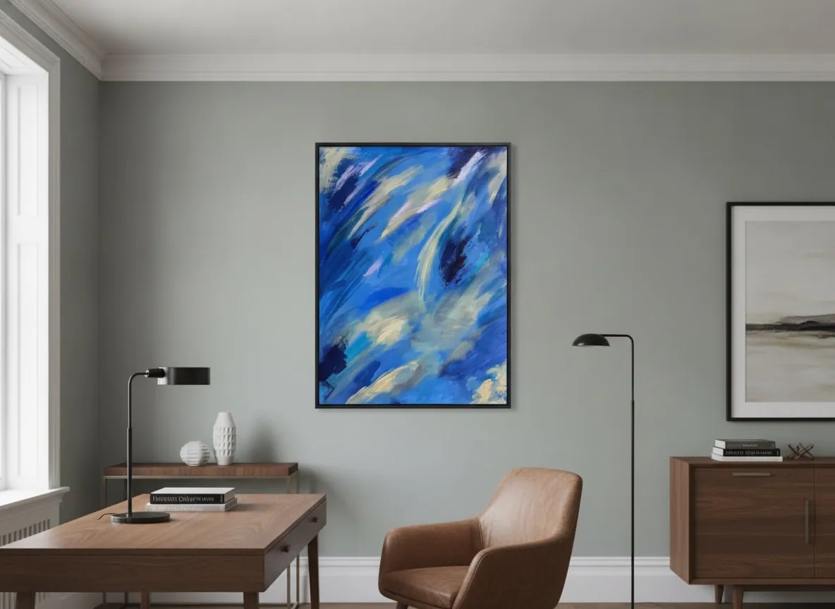Celestial Drift (70 x 100 cm), acrílica sobre tela, em ambiente residencial — Alyne Perfeito, Perfeito Studio