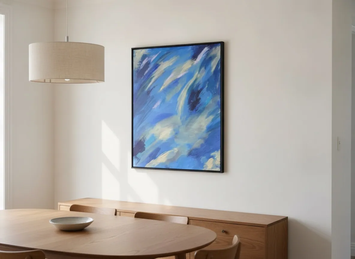 Celestial Drift (70 x 100 cm), acrílico sobre tela, ambientada em sala de jantar com aparador de madeira — Alyne Perfeito, Perfeito Studio