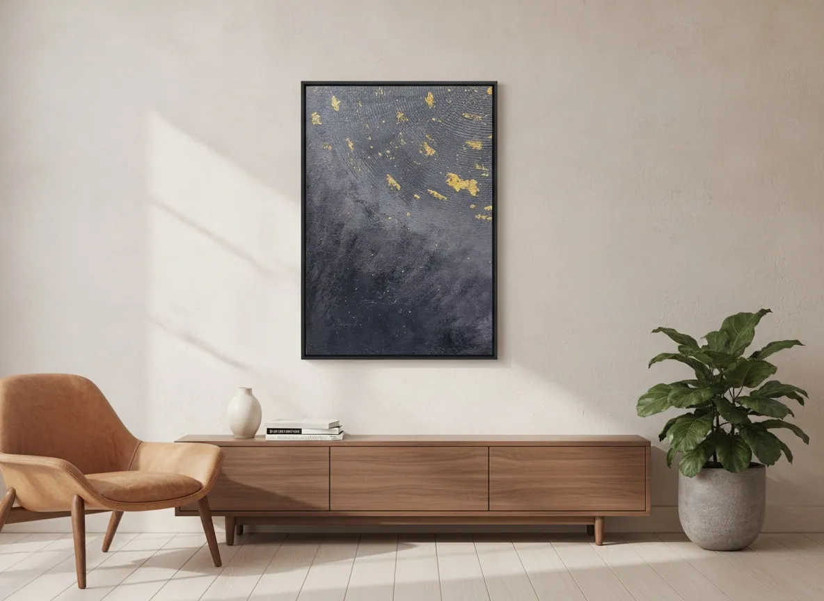 Celestial Plan (50 x 70 cm), técnica mista, pasta de textura e folha de ouro sobre tela, em projeto de interiores — Alyne Perfeito, Perfeito Studio
