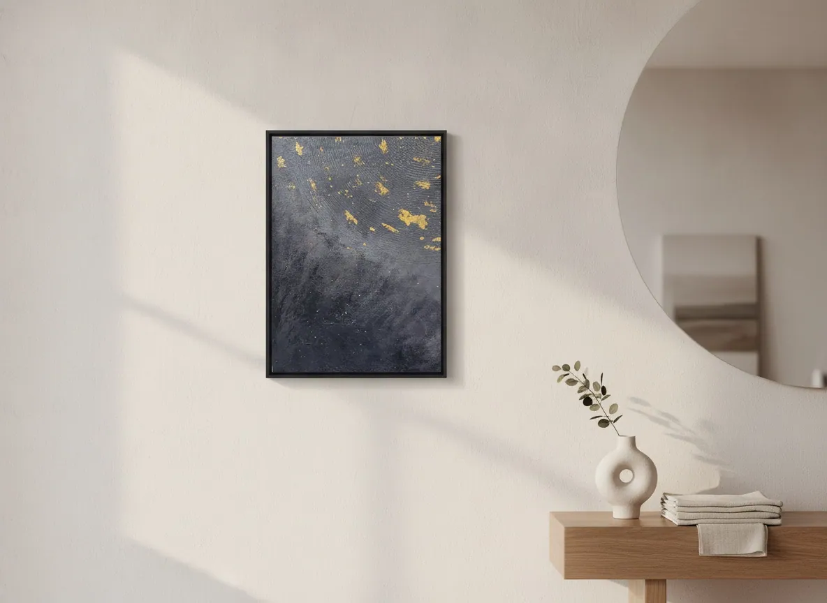 Celestial Plan (50 x 70 cm), técnica mista, pasta de textura e folha de ouro sobre tela — Alyne Perfeito, Perfeito Studio