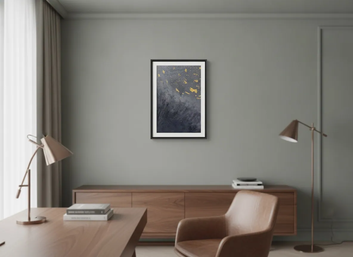 Celestial Plan (50 x 70 cm), mixed media, texture paste, and gold leaf on canvas, in a home office — Alyne Perfeito, Perfeito Studio