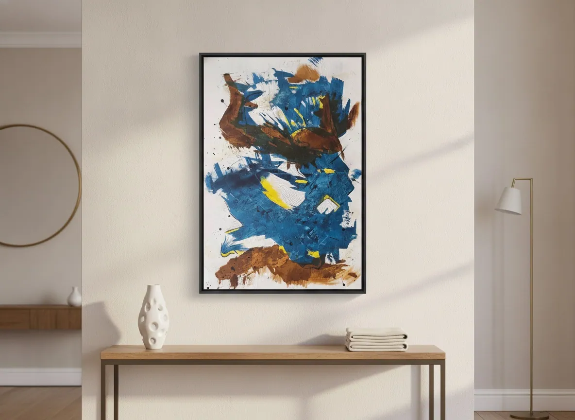 Crossing Currents (80 x 120 cm), técnica mista sobre tela, in situ em ambiente de recepção sóbrio — Alyne Perfeito, Perfeito Studio