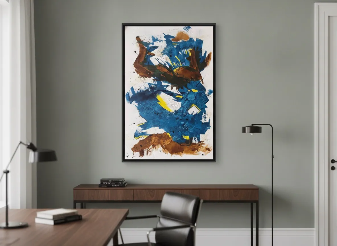 Crossing Currents (80 x 120 cm), técnica mista com acrílica e pasta de textura sobre tela, em ambiente corporativo sóbrio — Alyne Perfeito, Perfeito Studio