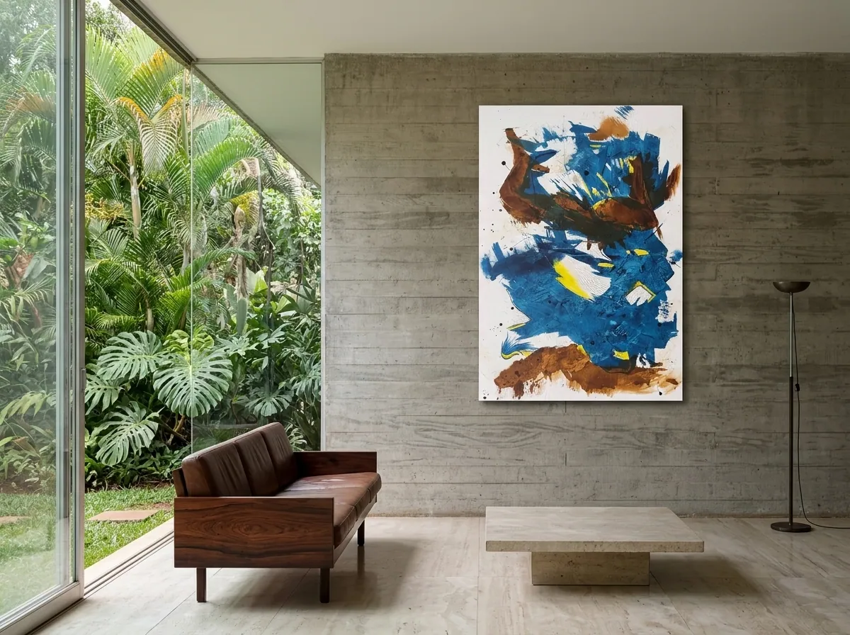 Crossing Currents (80 x 120 cm), técnica mista sobre tela, numa parede de concreto aparente em sala com sofá de madeira e couro, mesa de centro de pedra e jardim tropical ao fundo — Alyne Perfeito, Perfeito Studio