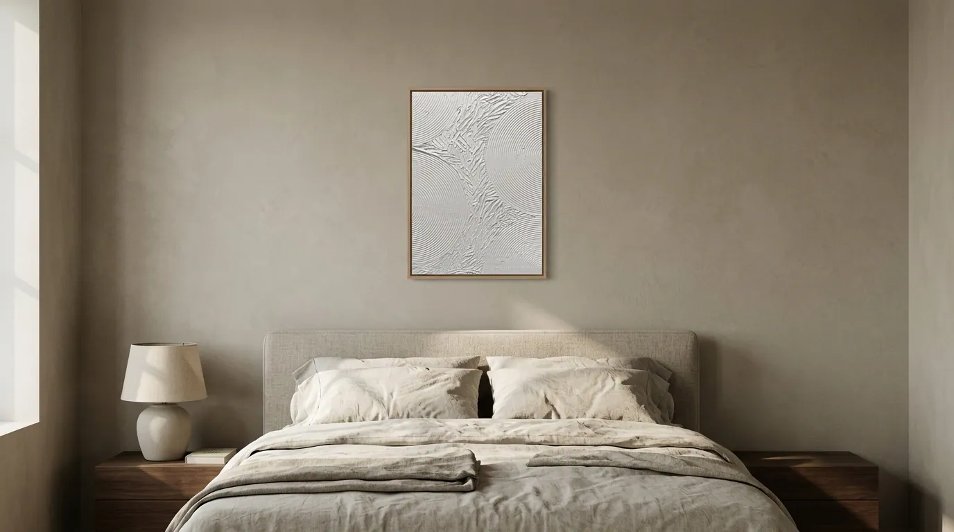 Echo of Silence (50 x 70 cm), sculpted texture on canvas, in a pale wood frame above the headboard of a bed in a taupe bedroom with a window at the left edge — Alyne Perfeito, Perfeito Studio