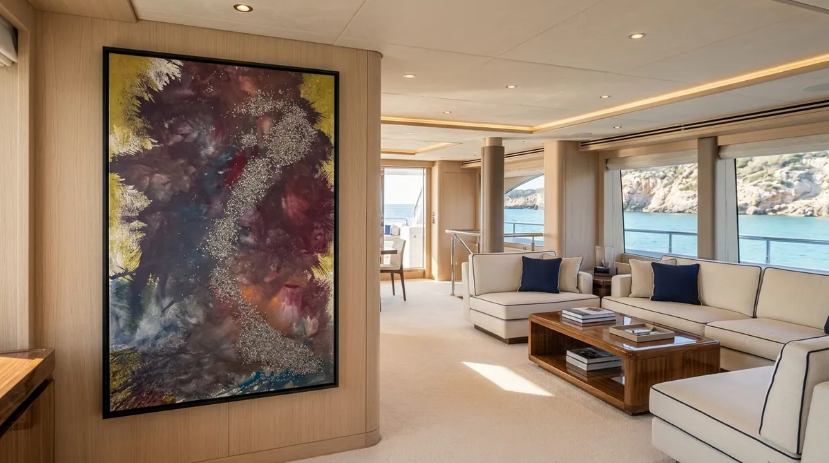 Elemental Veins by Alyne Perfeito shown in a yacht salon — digital visualization